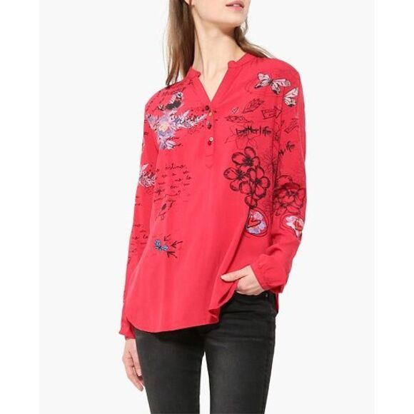 Desigual Red Botanical Print Long Sleeve Casual Pop Over Blouse Size M - Picture 1 of 14